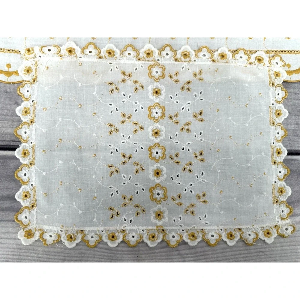 SET OF 2 VINTAGE EMBROIDERED EYELET TABLE / DRESSER SCARF - YELLOW GOLD‎    *15